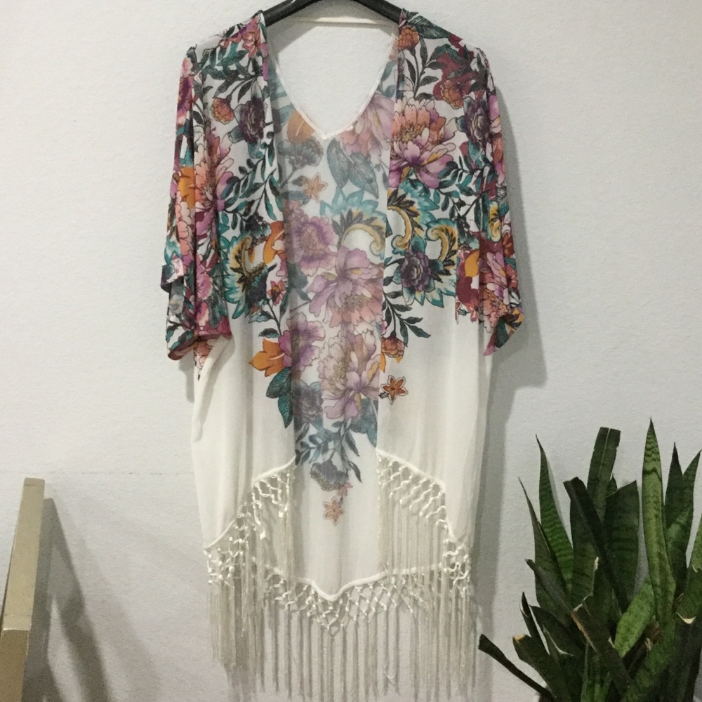 White Floral Sheer Fringe Duster Cardigan
